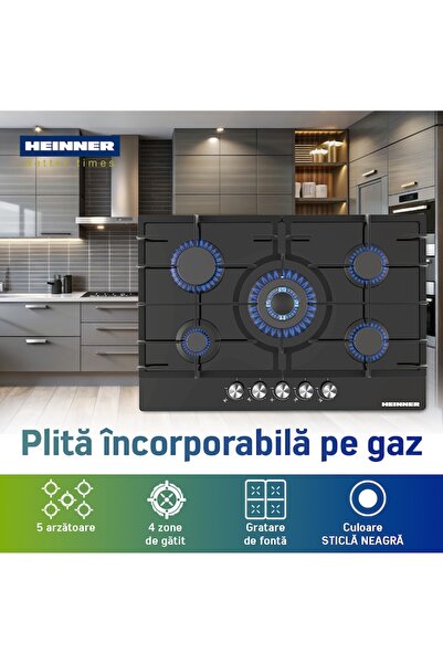 Heinner built-in hob HBH-M705IWFGBK, Gas, 5 burners, Cast iron grate, Wok, Electric ignition, Safety