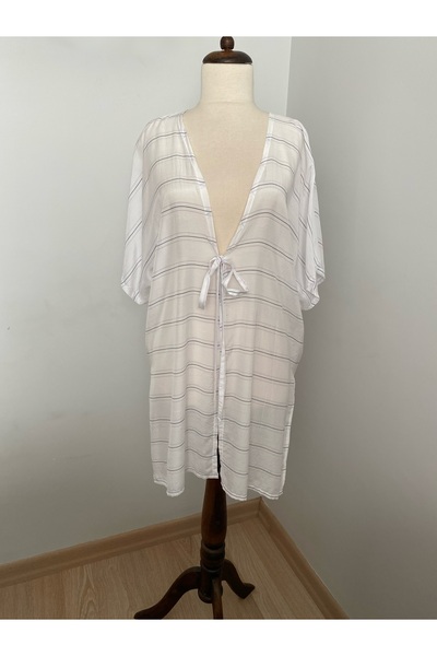 WhiteArt Women's White Background Enden Striped Silk Blend Fabric Tie-Front P...