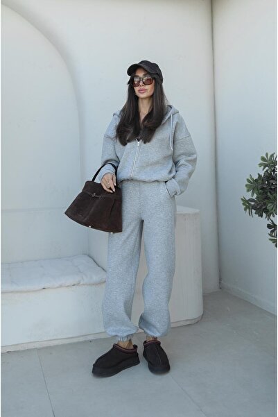 Havoş Gray Melange Zippered Hooded Tracksuit Set