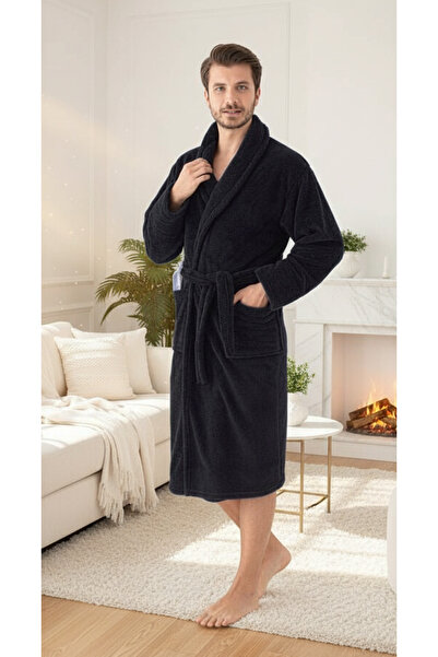 embody Men's cocolino dressing gown, soft and fluffy, with pockets, black