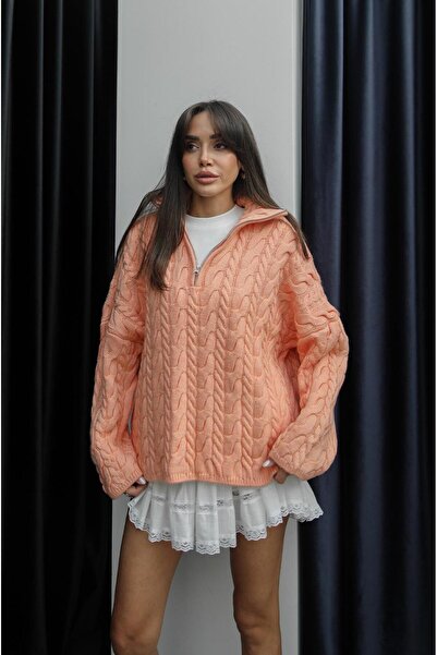 Havoş Salmon Neck Zippered Hair Knit Sweater