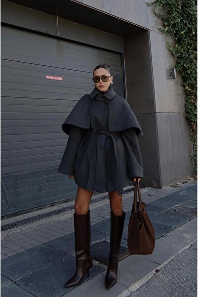 Havoş Anthracite Cape Detailed Belted Cashmere Coat