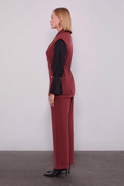 Levidor Burgundy Metal Belt Detailed Double Suit