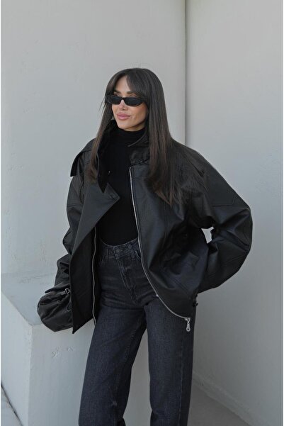 Havoş Mock Neck Faux Leather Jacket with Black Plated Buttons