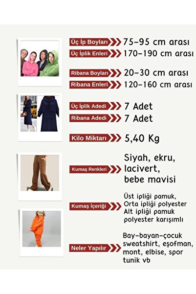 Yiğit Kumaş Ribbed Fleece-Lined 3-Thread Fabric Set, 7 Pieces with Heights Ranging from 75-95 cm