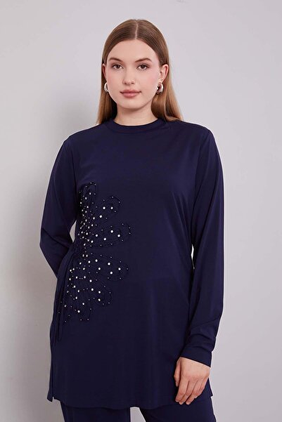 Levidor Navy Blue Edge Pattern Detailed Stone Double Suit