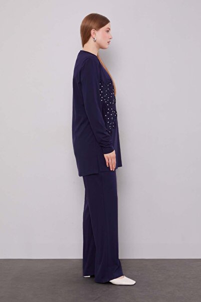 Levidor Navy Blue Edge Pattern Detailed Stone Double Suit