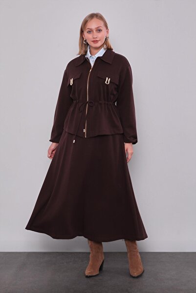 Levidor Acı Kahve Gold Zipper Detailed Skirt Set