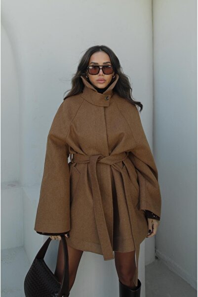 Havoş Camel Cape Detailed Belted Cashmere Coat