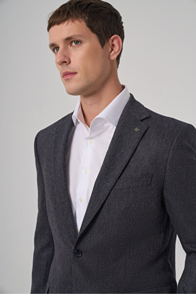 Morven Men's Navy Blue Woven Patterned Dynamic Fit Mono Collar Jacket