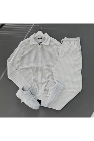 Baycombine35 White Stretch Fabric Ottoman Shirt + Trousers Set of 2