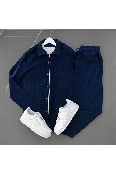 Baycombine35 Navy Blue Stretch Fabric Ottoman Shirt + Trousers Set of 2