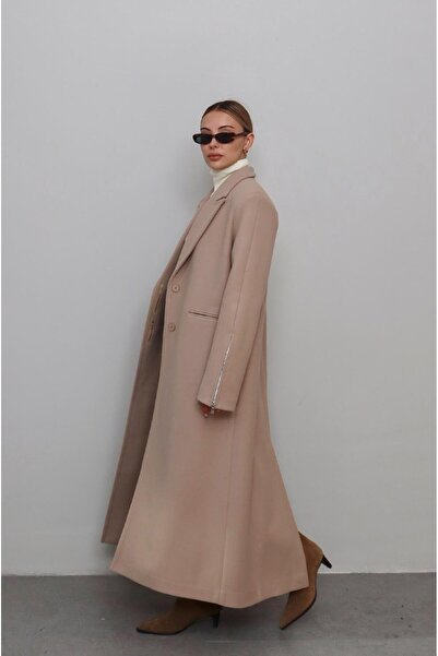 Havoş Dark Beige Coat with Zipper Detail on the Sleeves