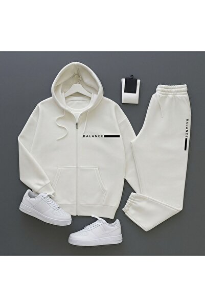 Baycombine35 White New Season Balance Written 3 Thread Cardigan-Sweatpants 2-Piece Set