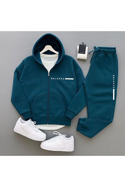 Baycombine35 Petrol Blue New Season Balance Written 3 Thread Cardigan-Sweatpants 2-Piece Set
