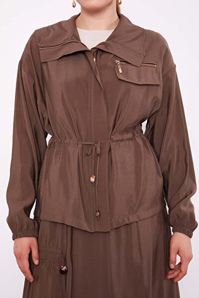 Levidor Brown Skirt Suit with Hidden Zipper Detail