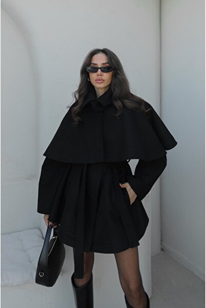 Havoş Black Cape Detailed Belted Cashmere Coat