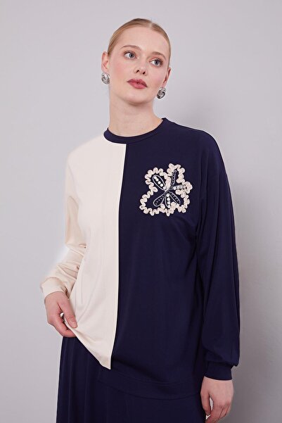 Levidor Navy Blue Two-Tone Asymmetrical Skirt Suit