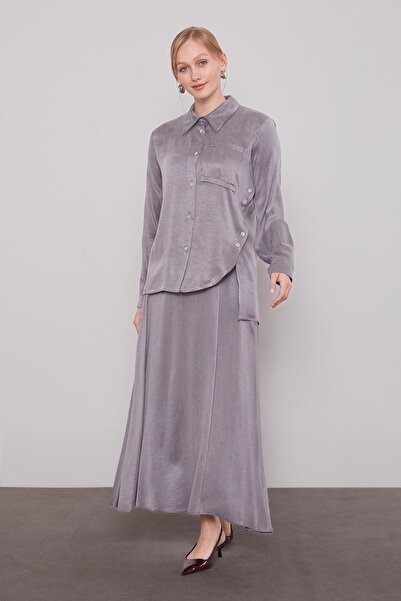 Levidor Anthracite Cross Button Detail Cupra Skirt Set