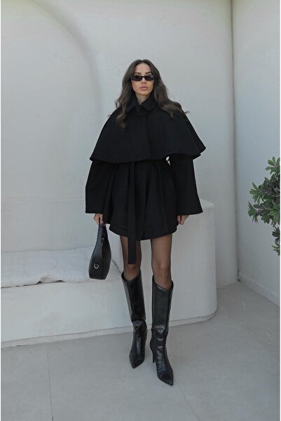 Havoş Black Cape Detailed Belted Cashmere Coat