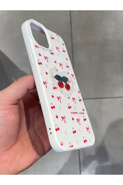 Mee.co Embroidered Cherry Pattern Case Compatible with iPhone 14 Plus and 15 Plus, Cherry Figured Knitted Phone Case