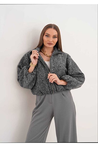 Azra Moda Style Mock Neck Cashmere Fabric Lined Balloon Sleeve Zippered Coat Women