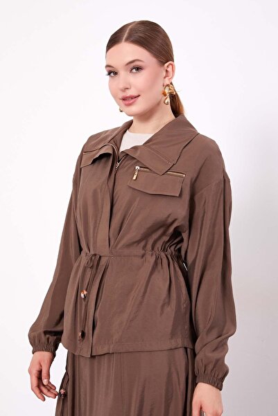 Levidor Brown Skirt Suit with Hidden Zipper Detail