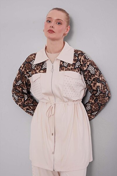 Levidor Beige Leopard Sleeve Patterned Double Set