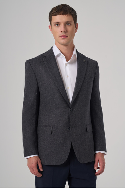 Morven Men's Navy Blue Woven Patterned Dynamic Fit Mono Collar Jacket