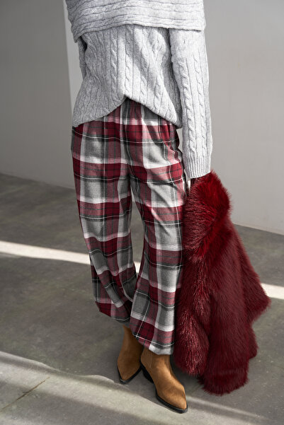 LOOSH Kadın Bordo Ekose Desenli Pamuklu Pantolon