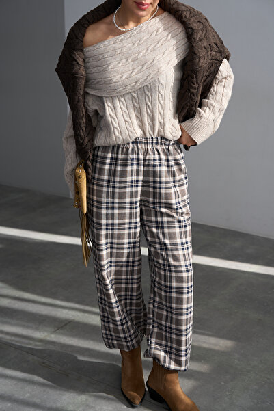 LOOSH Kadın Lacivert Ekose Desenli Pamuklu Pantolon