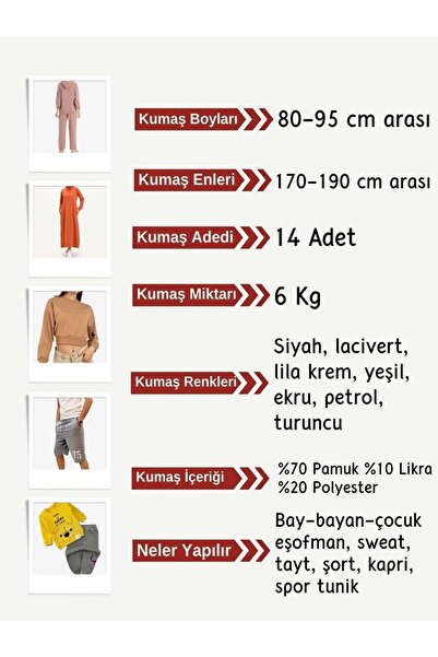 Yiğit Kumaş Diz Yapmaz 2 Thread Fabric Set, 14 Pieces, Sizes between 80-95 cm