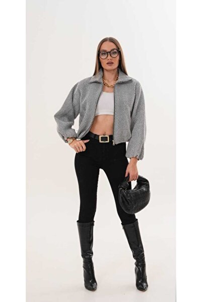 Azra Moda Style Mock Neck Cashmere Fabric Lined Balloon Sleeve Zippered Coat Women