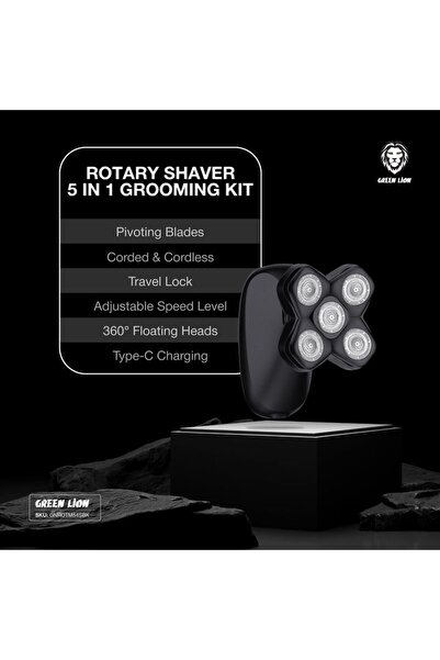 Green Lion 5-in-1 Rotary Shaver - Wet/Dry, DC260 Motor, 2-Speed, IPX7, Black
