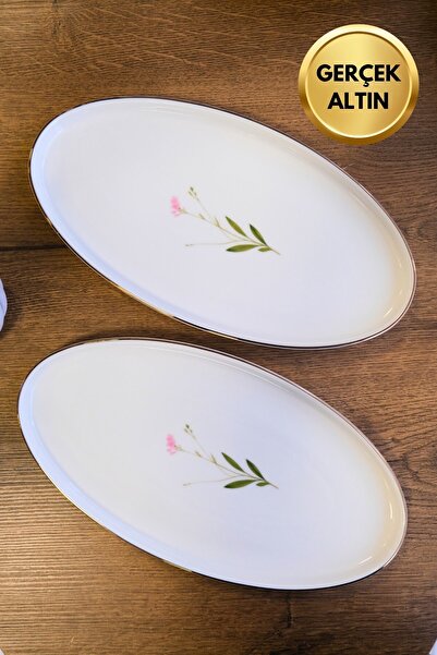 tabakevi Tabak Evi Porselen Natura Çuha Altın Yaldızlı Oval Kayık 32,50x17x2,50cm 2 li