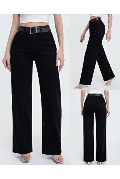 DENRA Blugi wide leg negri - curea inclusă