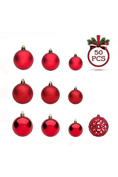 Christmas Red Christmas Baubles Set 50 pcs – Matte, Shiny and Glitter – 3 cm / 4 cm / 6 cm