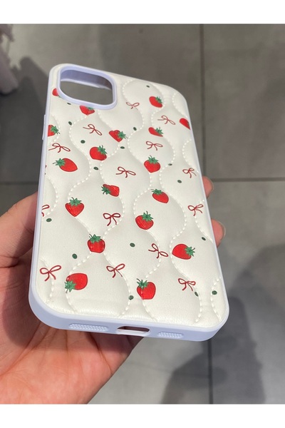 Mee.co Strawberry Pattern Phone Case Compatible with iPhone 14 Plus and 15 Plus, Faux Leather Case with Ribbon Pattern