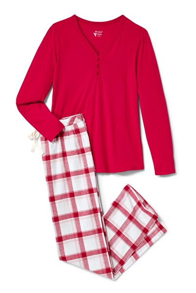 Tchibo Women 2 Pieces Solid Top And Plaid Pajama Pants, Red