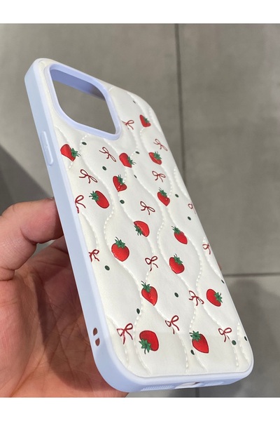 Mee.co iPhone 14 Pro Max Compatible Strawberry Pattern Phone Case Faux Leather Case with Ribbon Pattern Stitching Detail