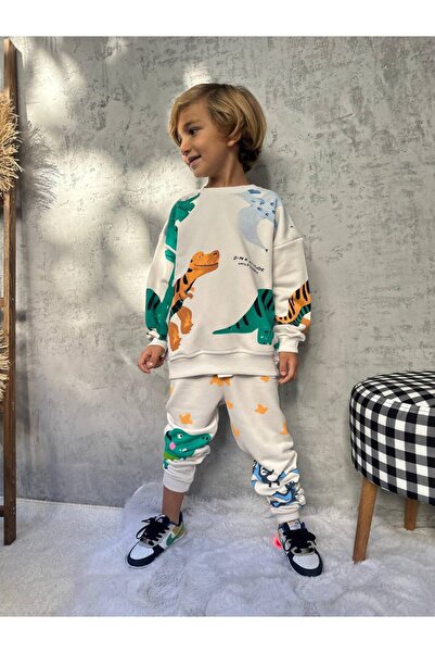 Pinkitokids Di̇no Wild Energy B Printed Boy's Sweatshirt and Sweatpants Set