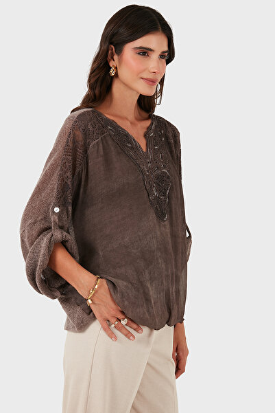 Via Dante Oversized V-Neck Sequin Lace Detailed Blouse Blouse 690822
