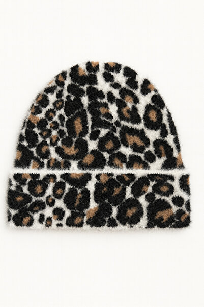 Butik Kadın Yumuşak Dokulu Leopar Desenli Katlamalı Tüylü Akrilik Bere