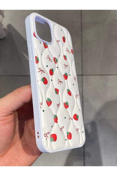 Mee.co Strawberry Pattern Phone Case Compatible with iPhone 14 Plus and 15 Plus, Faux Leather Case with Ribbon Pattern