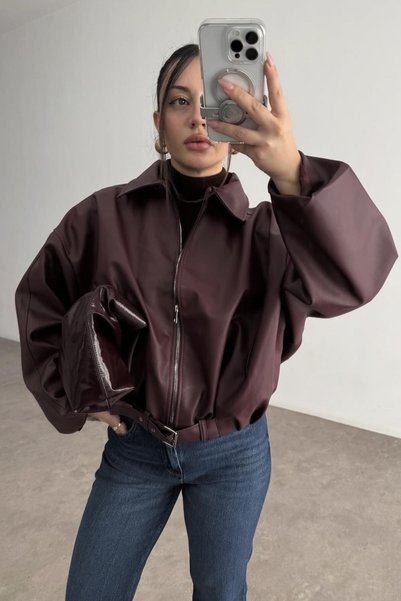 PRİFALDİ Zr Oversized Belted Bomber Burgundy Leather Jacket