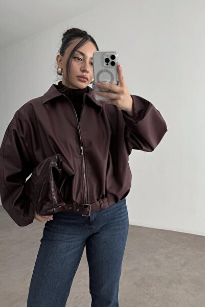 PRİFALDİ Zr Огромно кожено яке с колан в цвят бордо