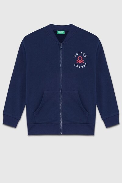 Benetton Kız Çocuk 4-14 Yaş Logo Baskılı Hırka Lacivert