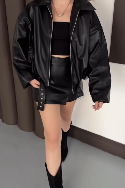 PRİFALDİ Zr Огромно бомбър яке с колан от черна кожа