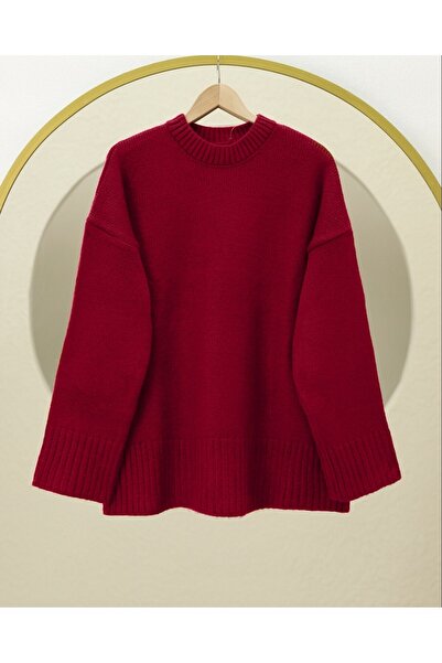 Modamorfo Crew Neck Skirt Corded Fabric Loose Knitwear Sweater -Red