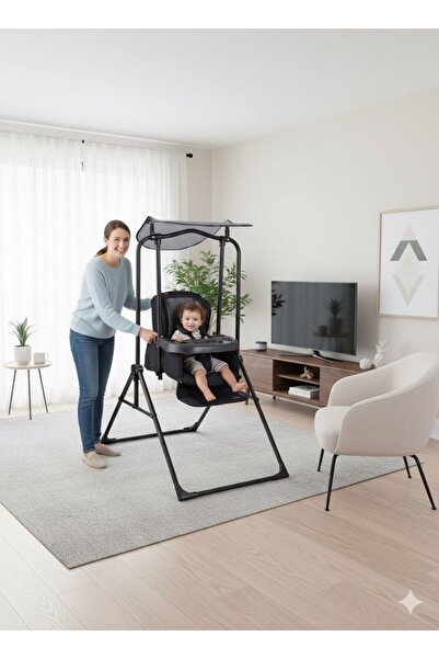 TURHANBEBE Yatarlı Tenteli Mama Tablalı Ev Tipi Salıncak & Mama Sandalyesi